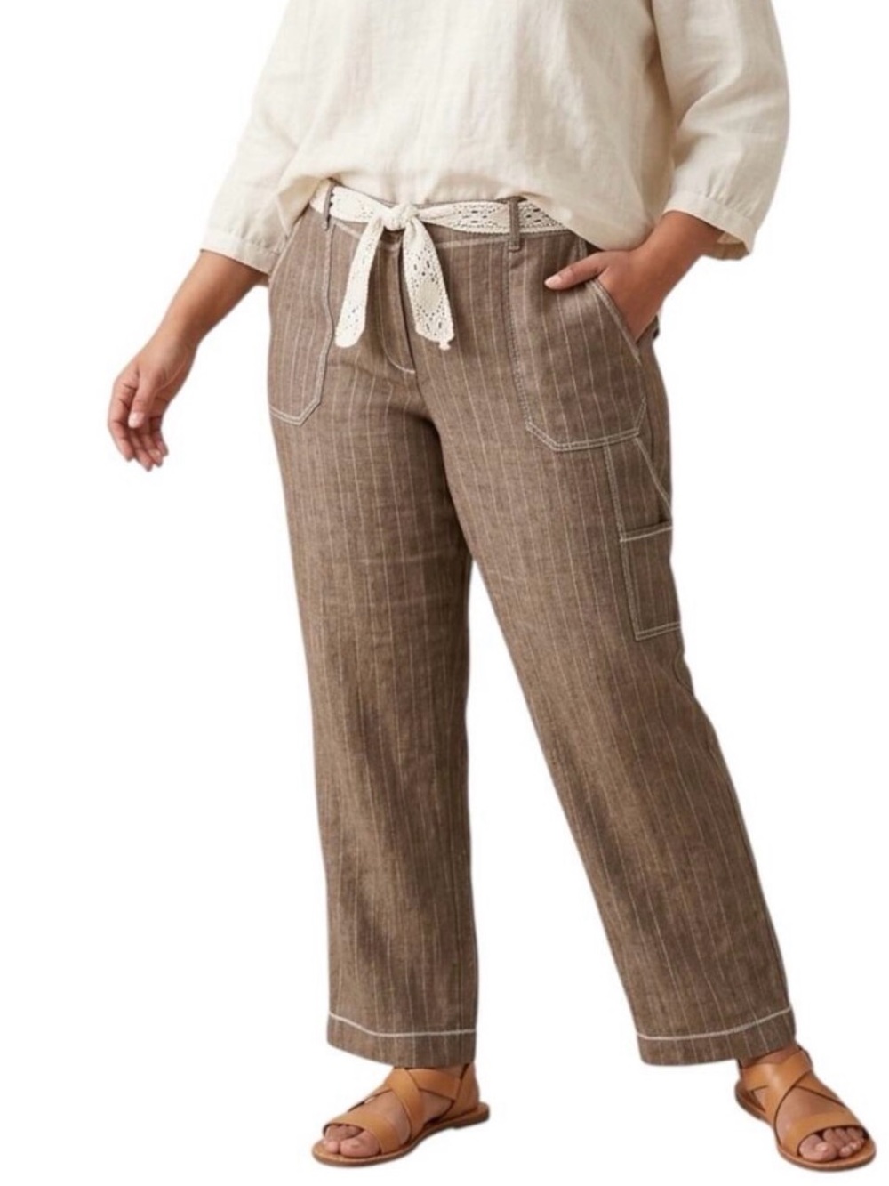 J.Jill Pinstripe Brown 100% Linen Belted Pants Women's Plus Size 14